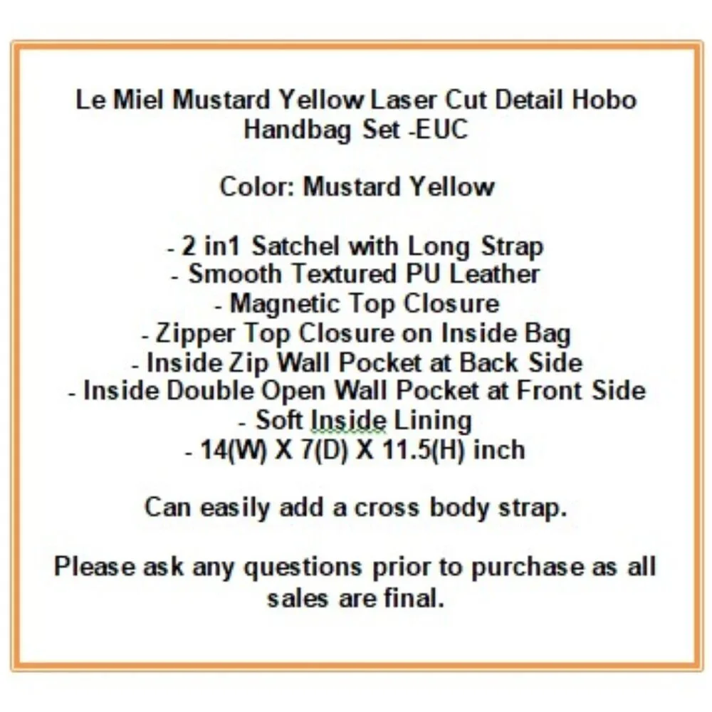 Le Miel Mustard Yellow Laser Cut Detail Hobo Handbag Set -EUC ✨️HOST PICK✨️